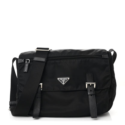 Prada Tessuto Nylon Saffiano Double Buckle Messenger Shoulder Bag Black 1 of 11