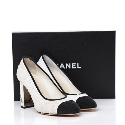 Chanel Tweed Grosgrain Cap Toe Logo Pumps 37.5 Black White Blue Pink 11 of 11