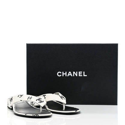 Chanel Lambskin Printed CC Thong Sandals 38 White Black 9 of 9