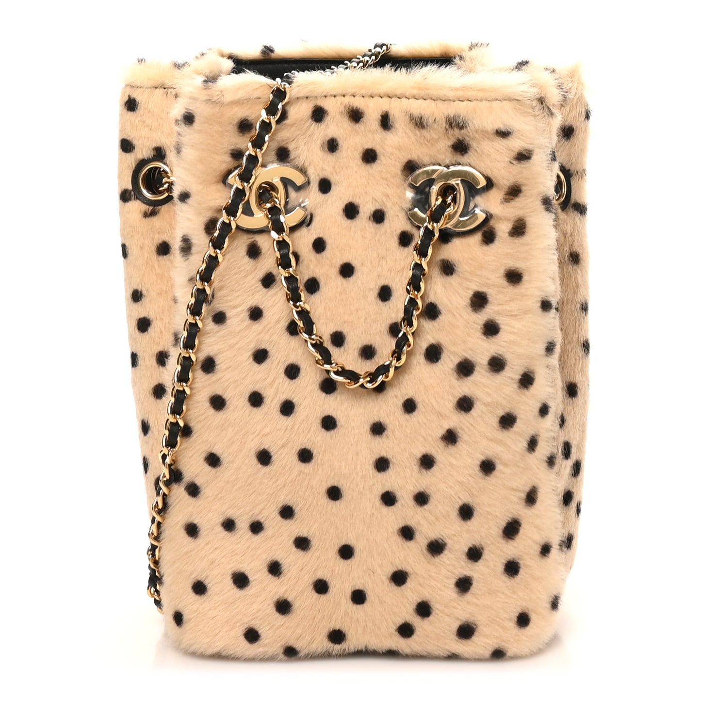 Pony Hair Cheetah Printed CC Chain Bucket Bag Light Beige Black