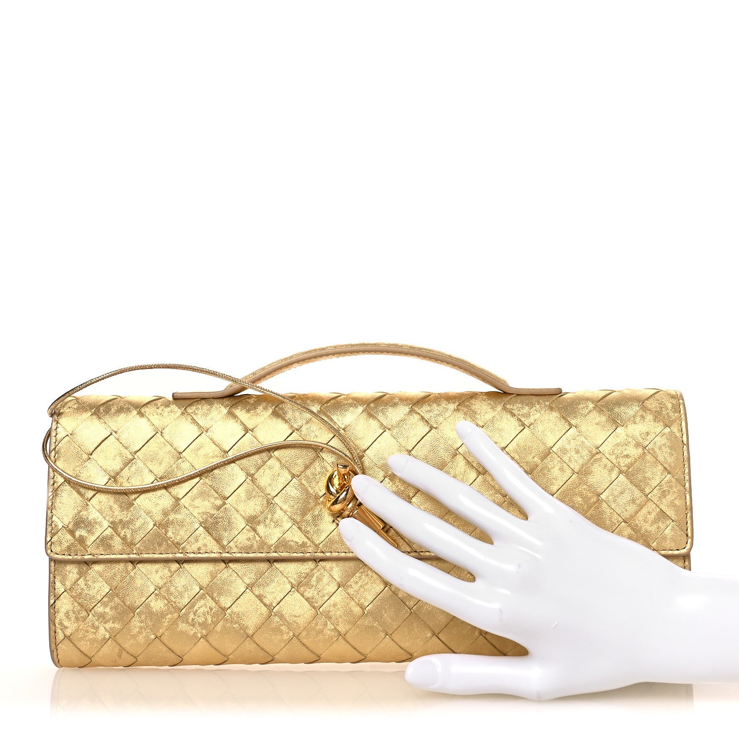 Bottega Veneta Metallic Satin Lambskin Intrecciato Long Andiamo Top Handle Clutch Gold 2 of 8