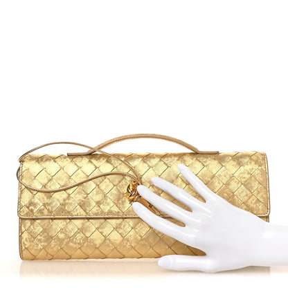 Bottega Veneta Metallic Satin Lambskin Intrecciato Long Andiamo Top Handle Clutch Gold 2 of 8