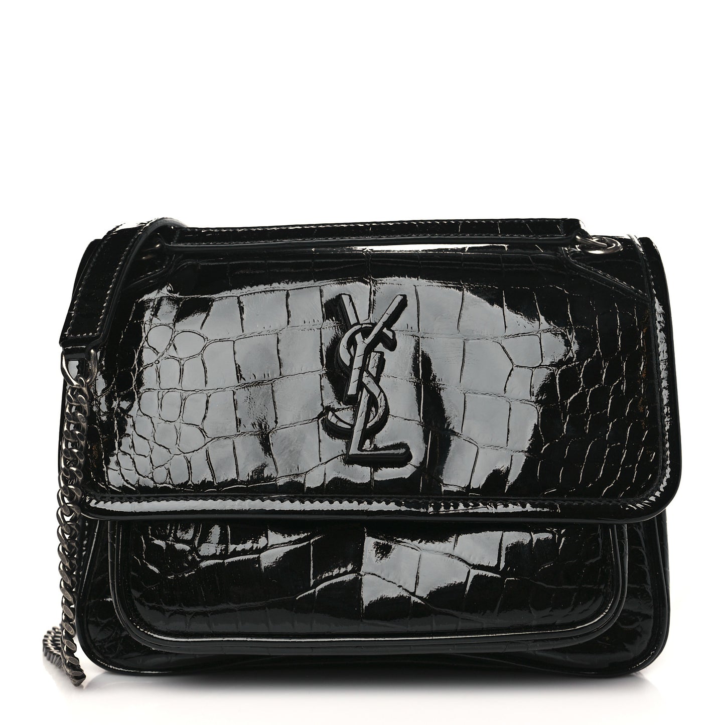Calfskin Crocodile Embossed Matelasse Monogram Baby Niki Chain Satchel Black