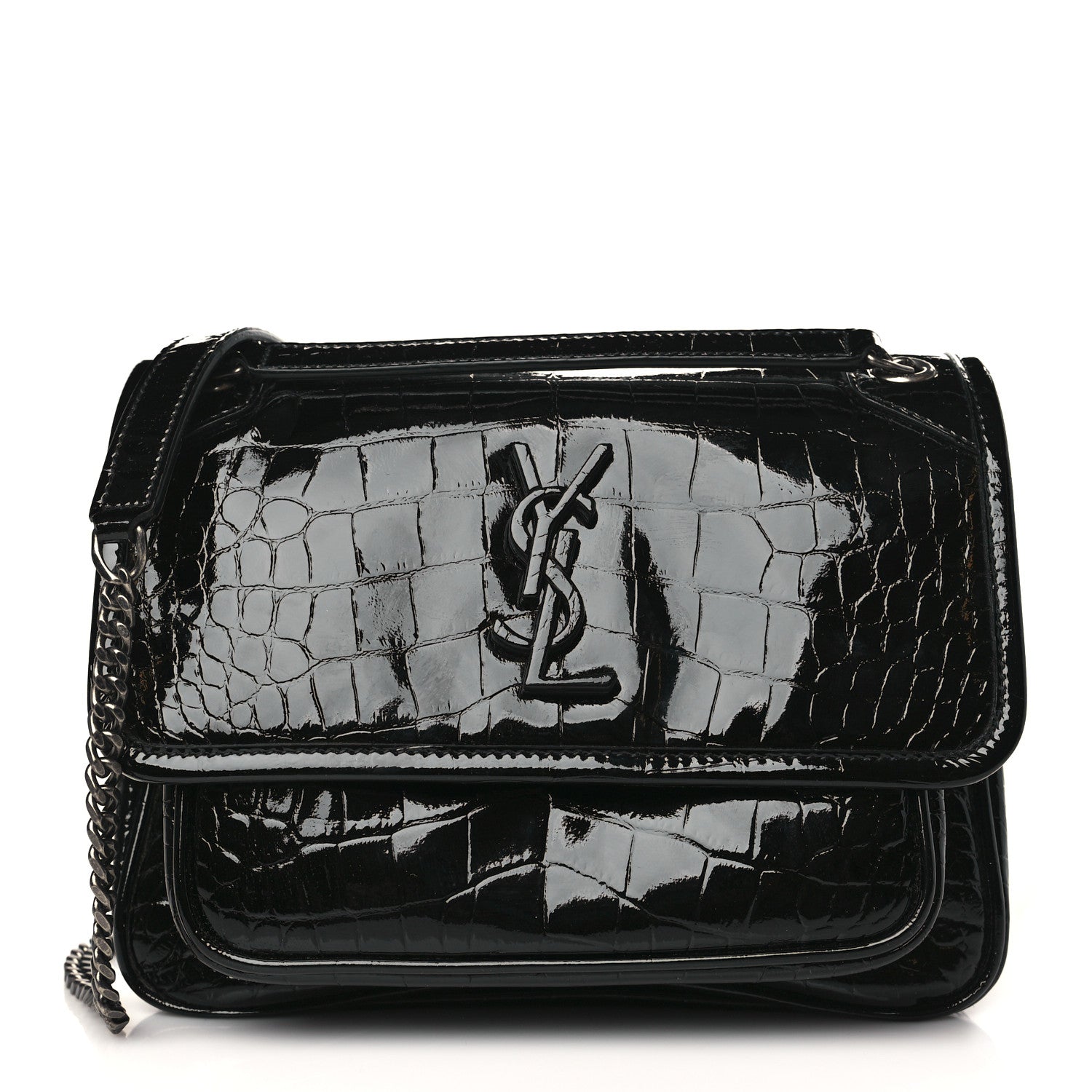 Saint Laurent Calfskin Crocodile Embossed Matelasse Monogram Baby Niki Chain Satchel Black 1 of 10