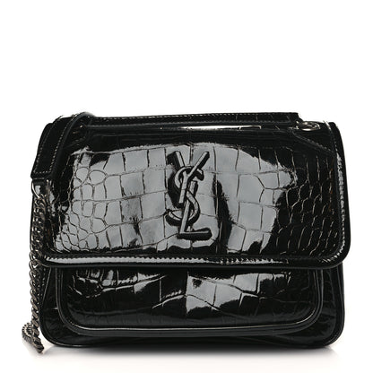 Saint Laurent Calfskin Crocodile Embossed Matelasse Monogram Baby Niki Chain Satchel Black 1 of 10