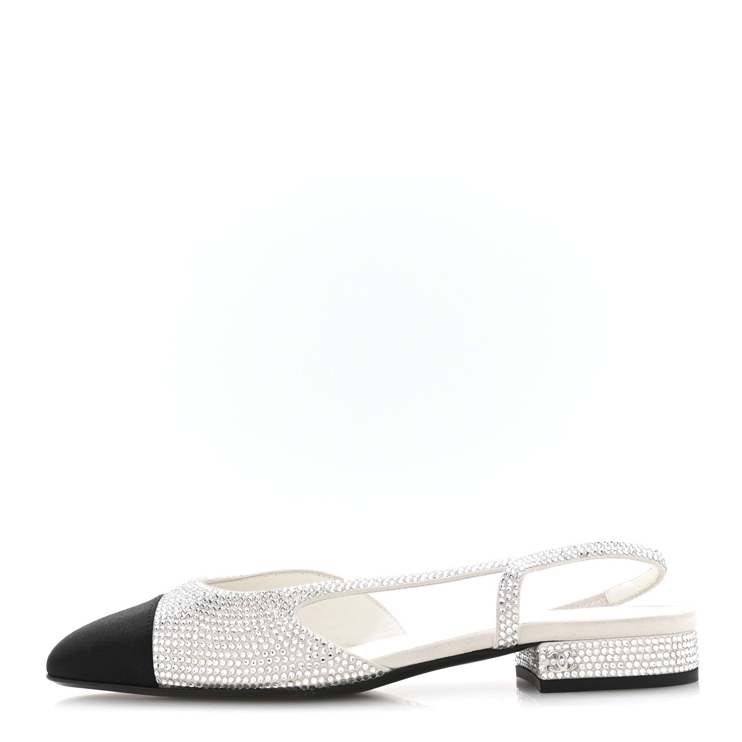 Chanel Strass Grosgrain Cap Toe CC Slingback Flats 36.5 Silver Black 1 of 8