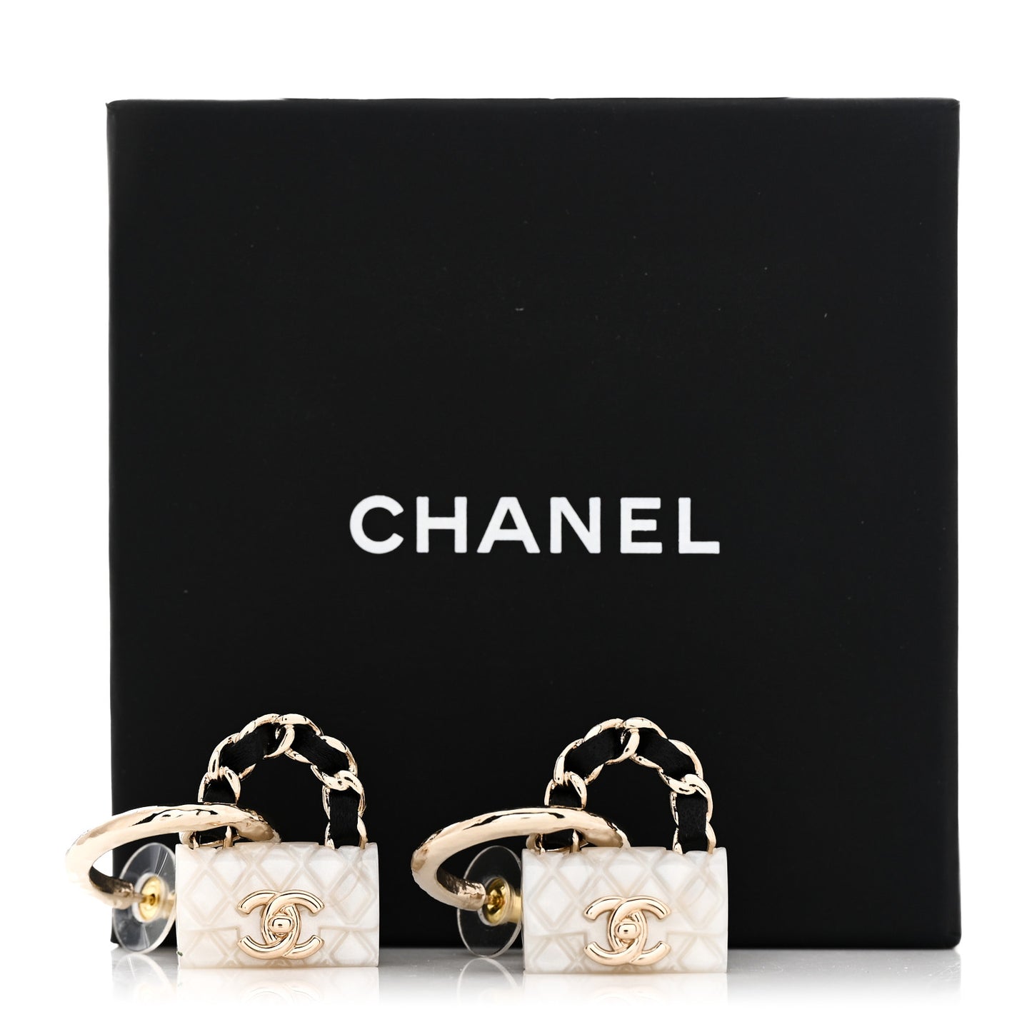 Metal Resin Lambskin Quilted CC Turnlock Chain Bag Earrings Gold Pearly White