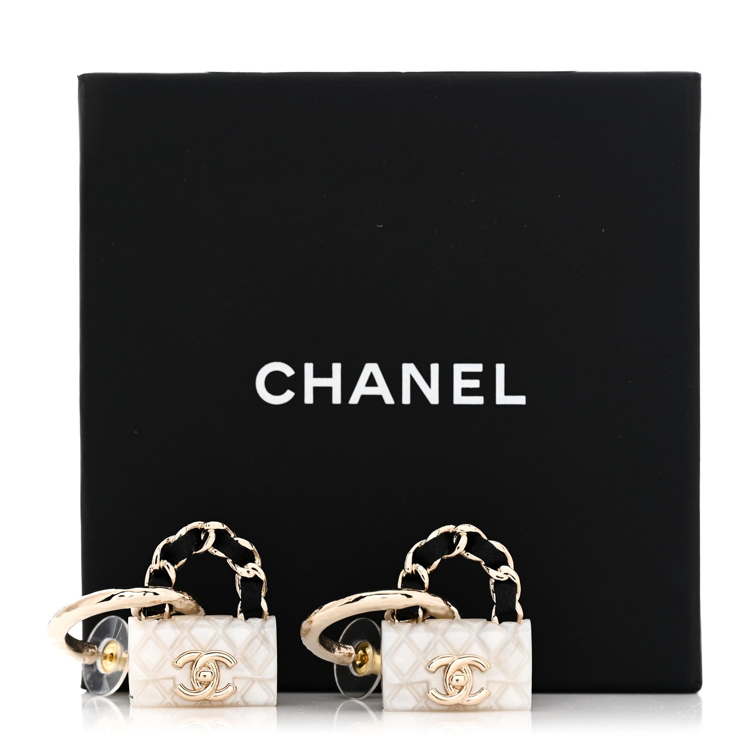 Chanel Metal Resin Lambskin Quilted CC Turnlock Chain Bag Earrings Gold Pearly White 5 of 5