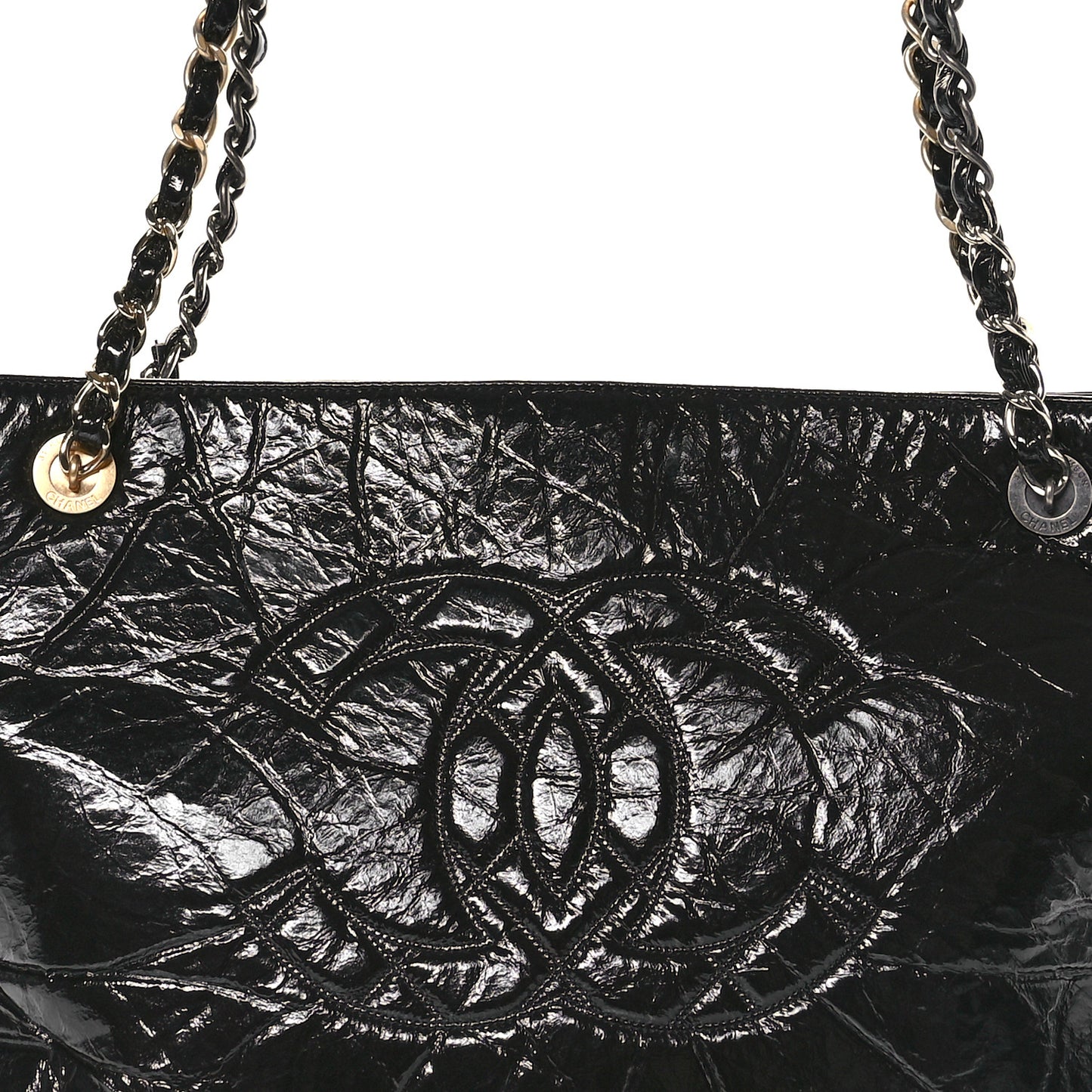 Shiny Aged Calfskin Quilted Large Shopping Bag Black