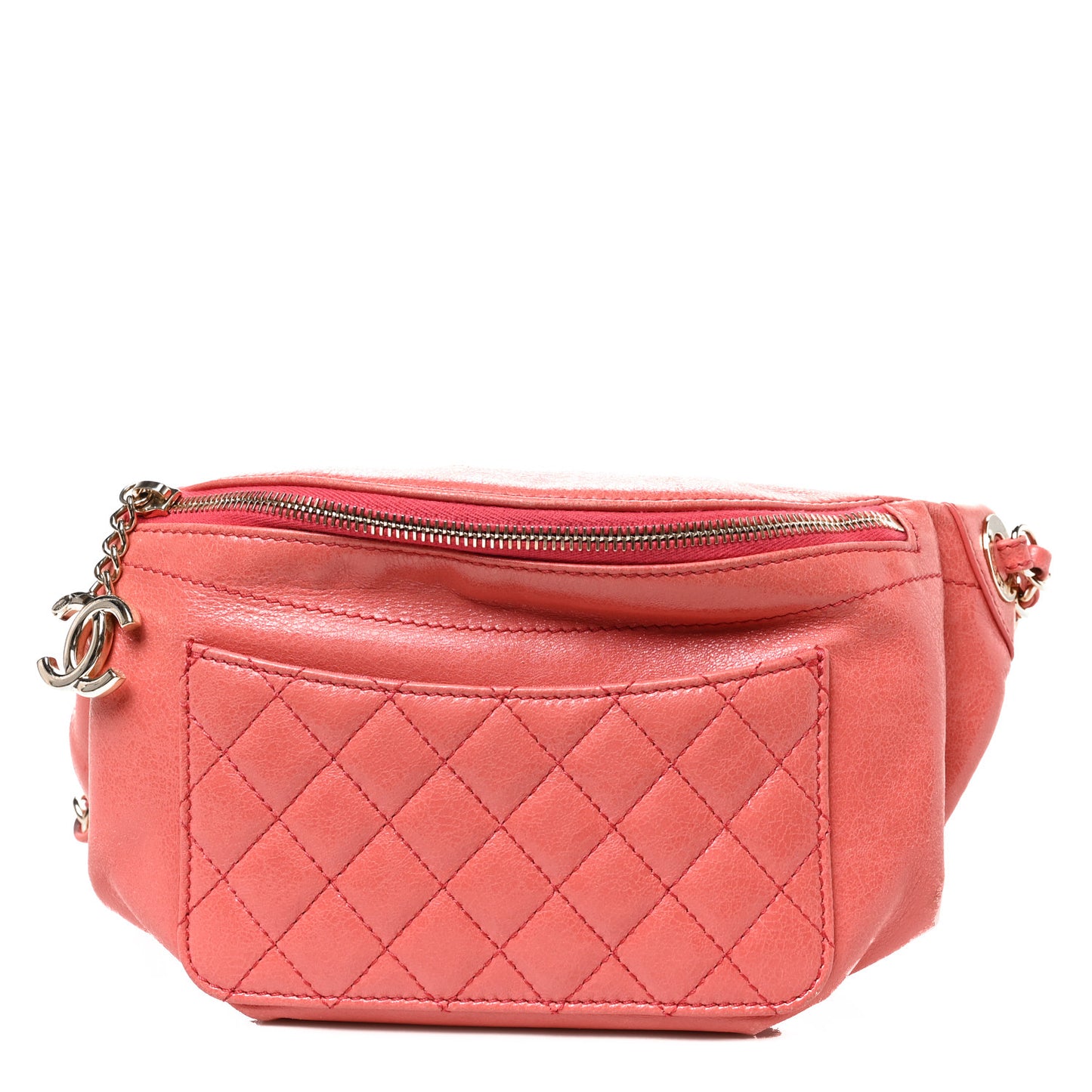 Crumpled Glazed Lambskin Quilted Waist Bag Fanny Pack Pink