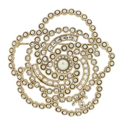Chanel Pearl Crystal Lace Camellia Brooch Gold 1 of 5