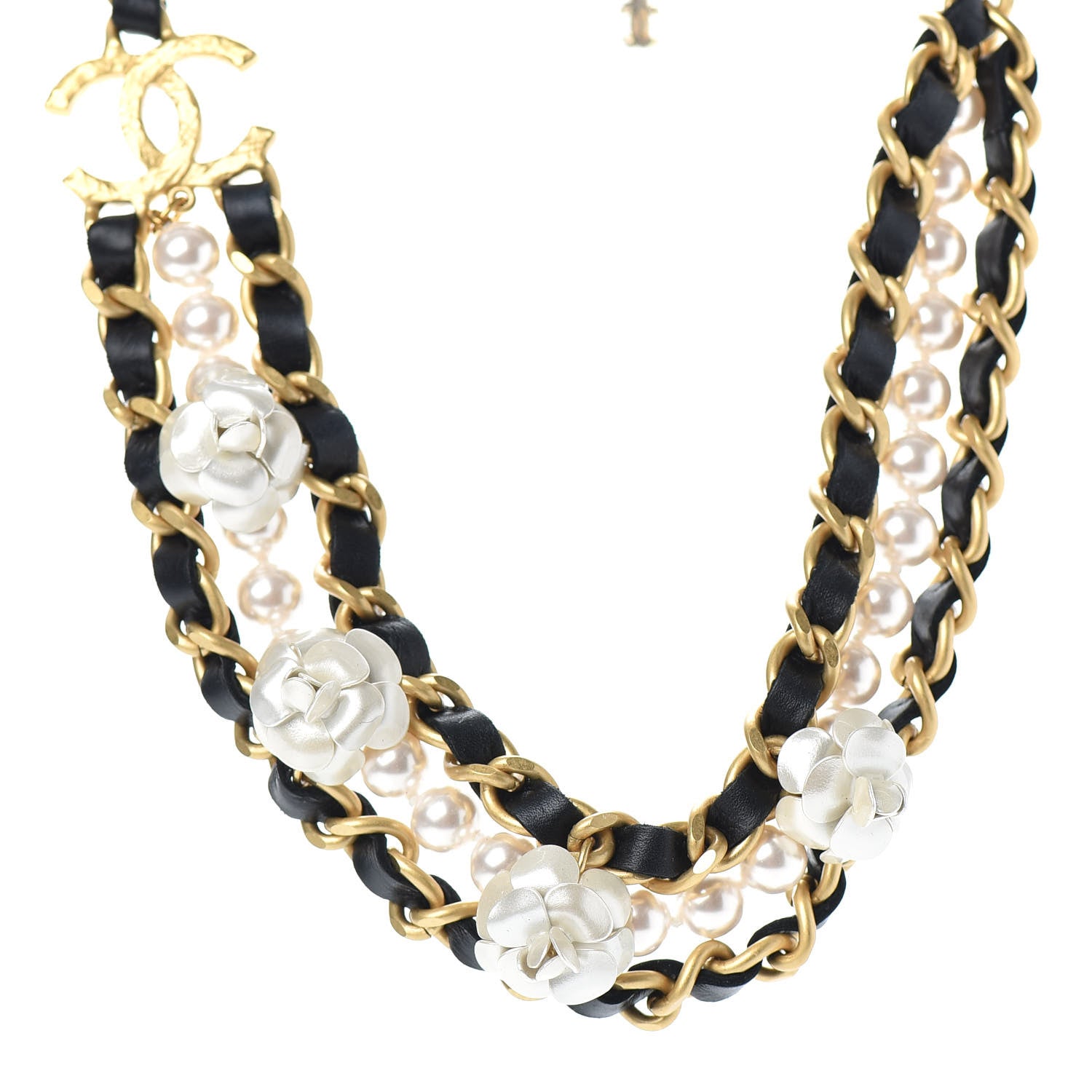 Chanel Pearl Lambskin CC Camellia Necklace Black Gold 1 of 4