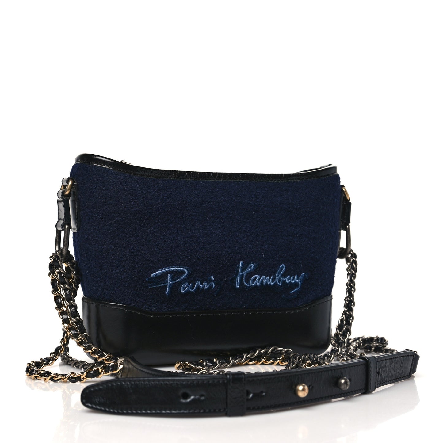 Calfskin Wool Embroidered Paris Hamburg Medium Gabrielle Hobo Dark Navy Blue
