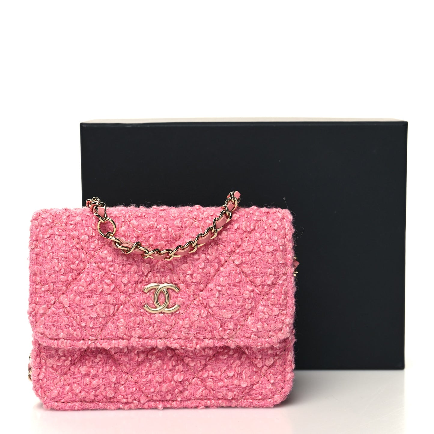Tweed Quilted Flap Chain Waist Bag Pink