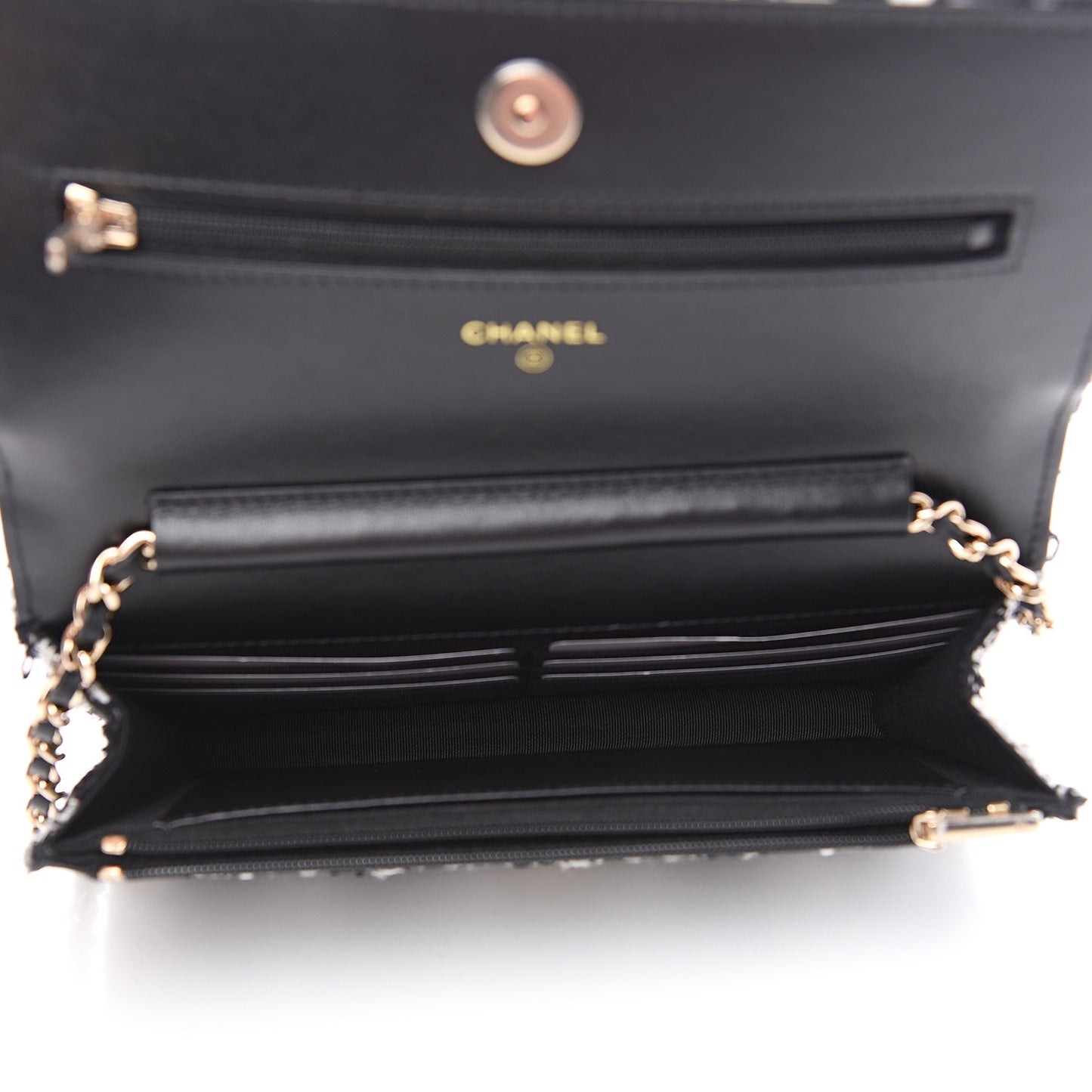 Tweed Quilted Wallet On Chain WOC Black Ecru White