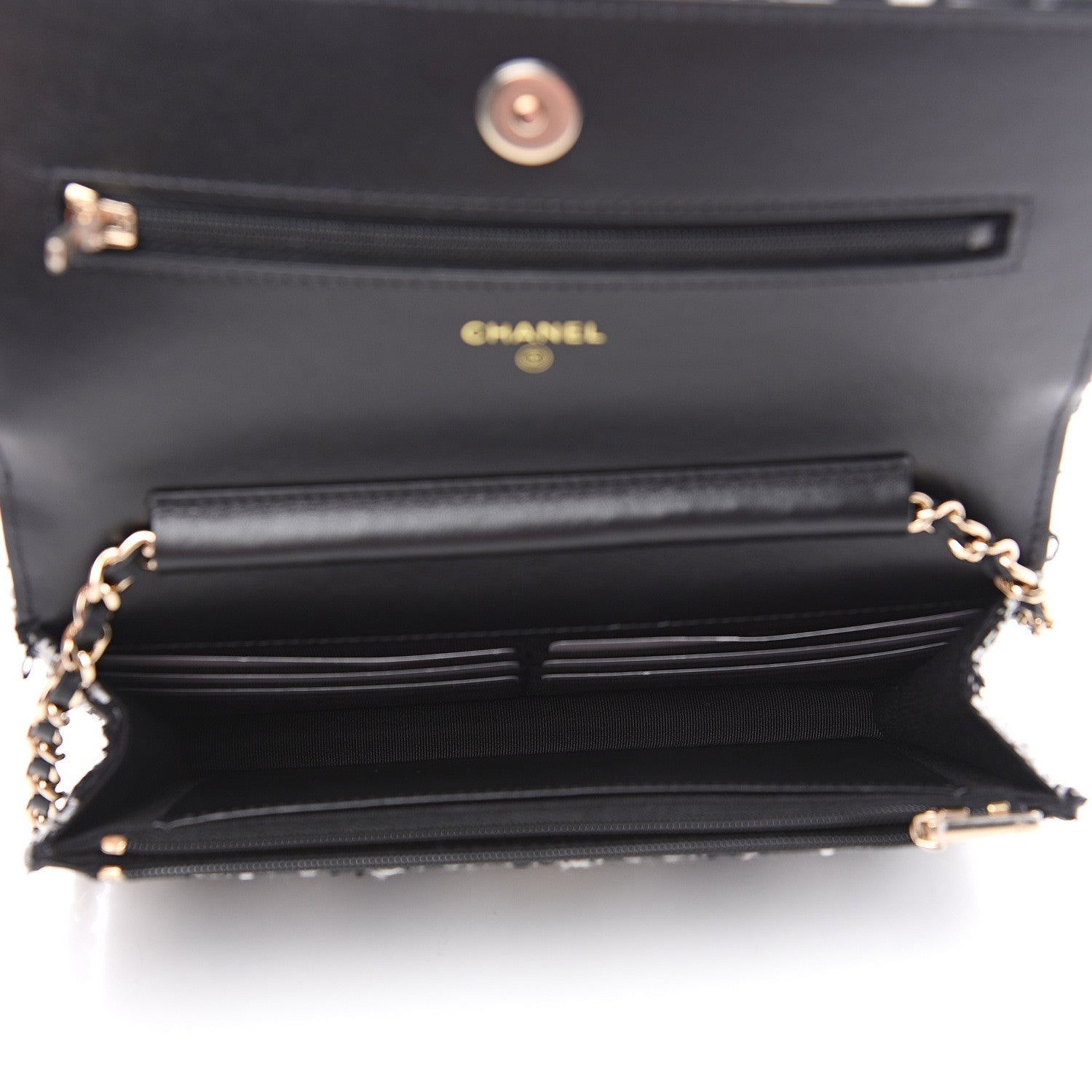Chanel Tweed Quilted Wallet On Chain WOC Black Ecru White 4 of 11