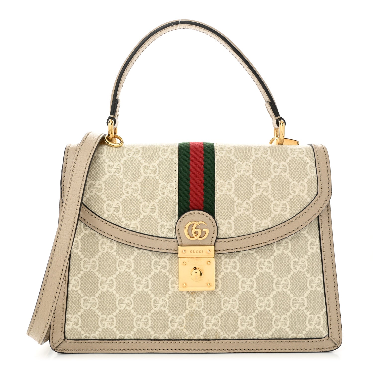 Gucci GG Supreme Monogram Textured Dollar Calfskin Web Small Ophidia Padlock Top Handle Bag Beige Mystic White Oatmeal 1 of 11