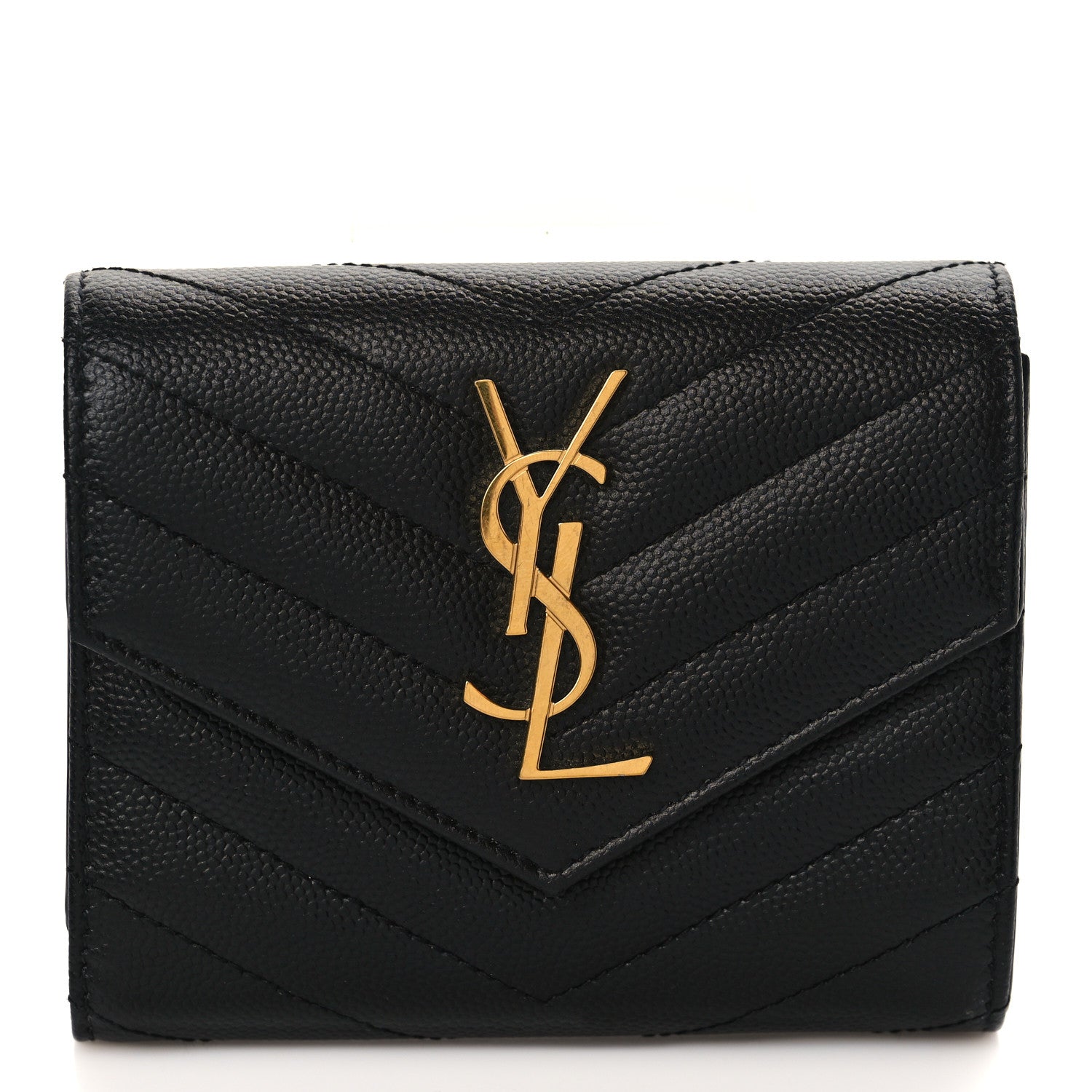Saint Laurent Grain De Poudre Matelasse Chevron Monogram Compact Tri Fold Wallet Black 1 of 6