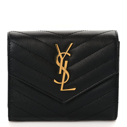Saint Laurent Grain De Poudre Matelasse Chevron Monogram Compact Tri Fold Wallet Black 1 of 6
