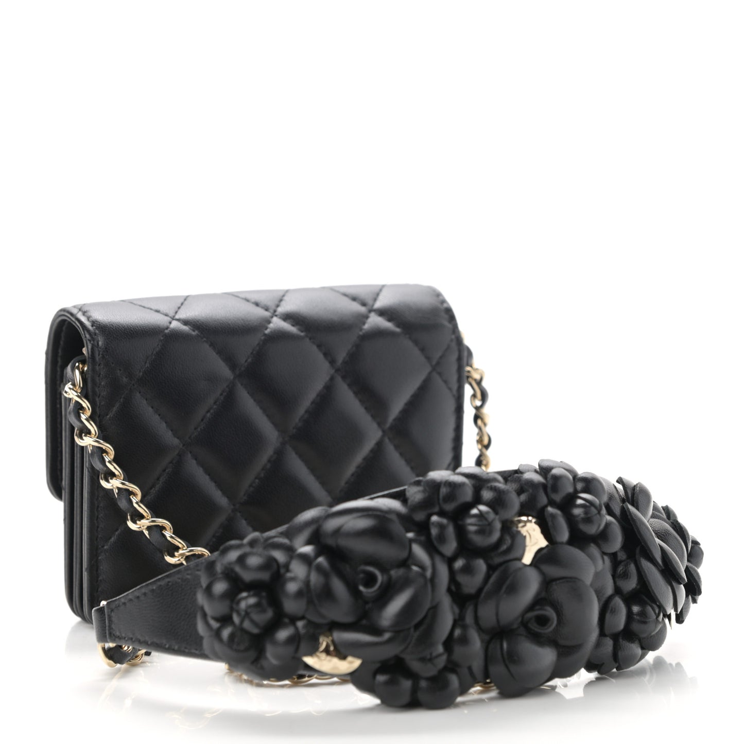Lambskin Quilted Camellia Card Holder On Chain Black