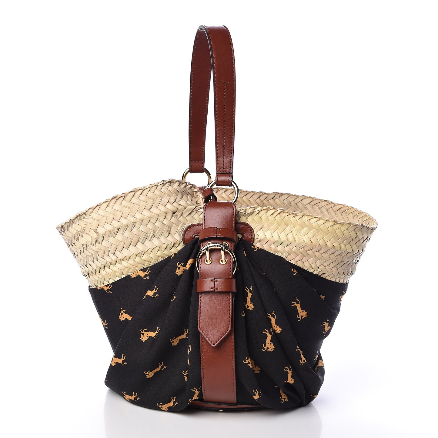 Smooth Calfskin Raffia Little Horses Medium Panier Basket Black Yellow