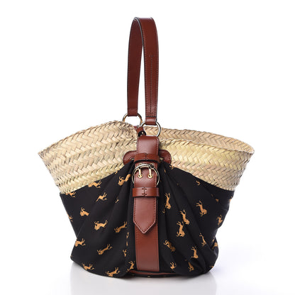 Chloe Smooth Calfskin Raffia Little Horses Medium Panier Basket Black Yellow 1 of 10
