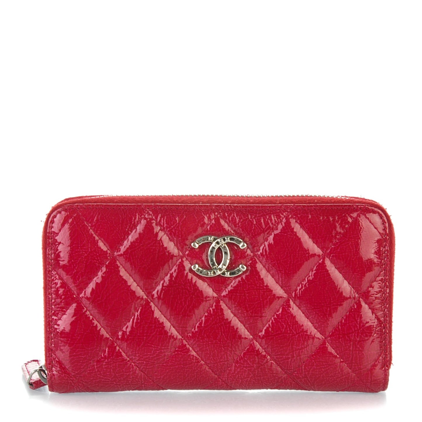 Patent Calfskin Quilted Zip Around Phone Holder Dark Pink