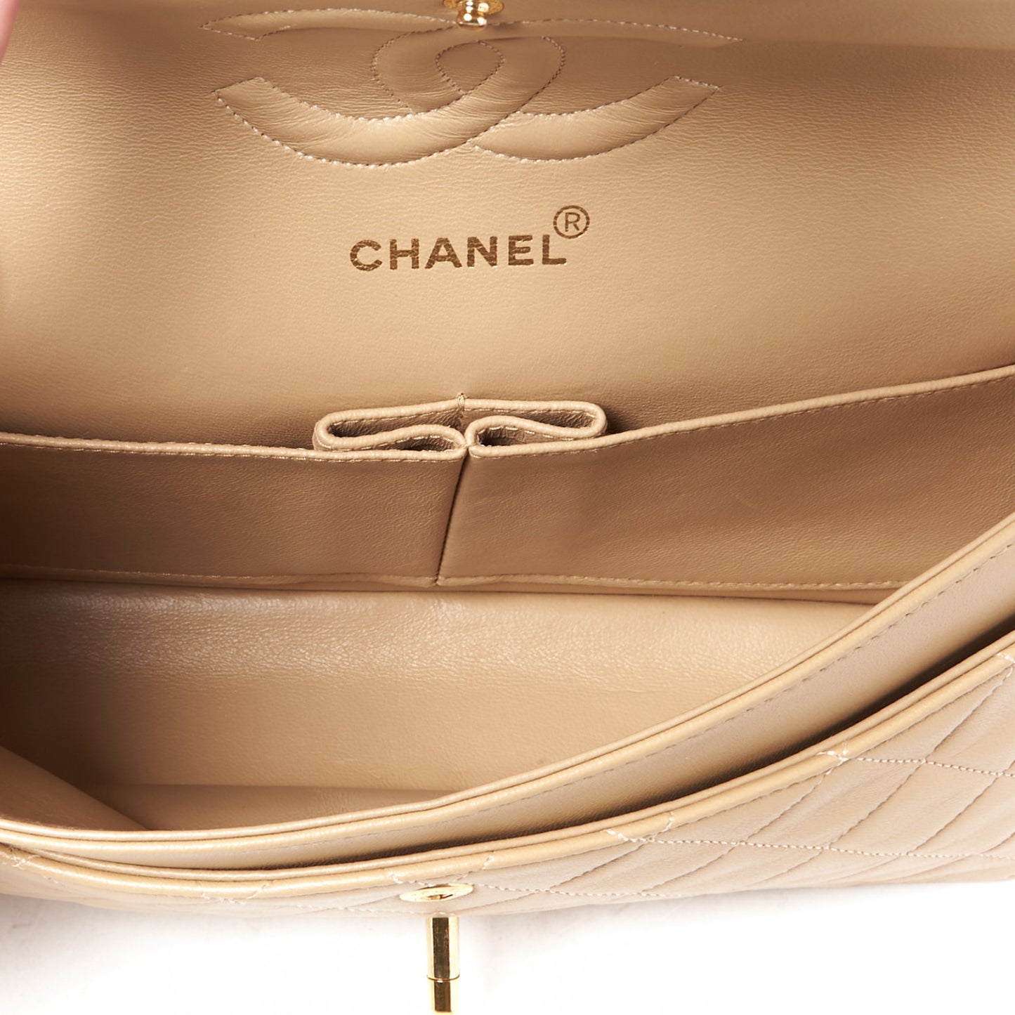 Lambskin Quilted Medium Double Flap Beige