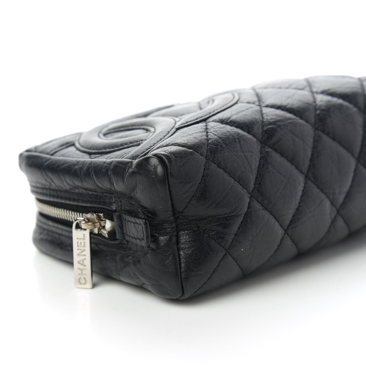 Aged Calfskin Quilted Cambon Cosmetic Case Black