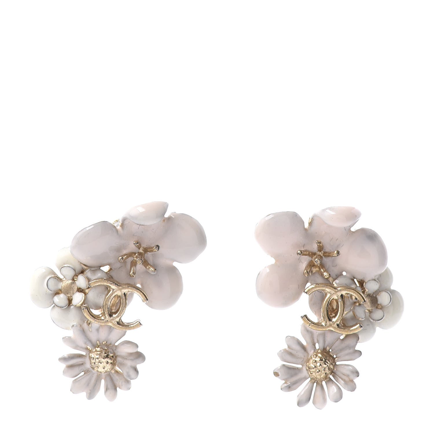 Chanel Resin CC Flower Earrings Gold White 1 of 4