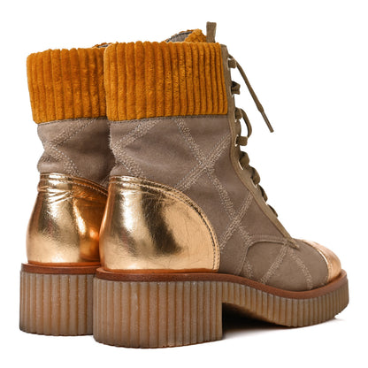 Chanel Suede Calfskin Velvet Quilted CC Combat Boots 37 Beige Yellow Gold 4 of 11
