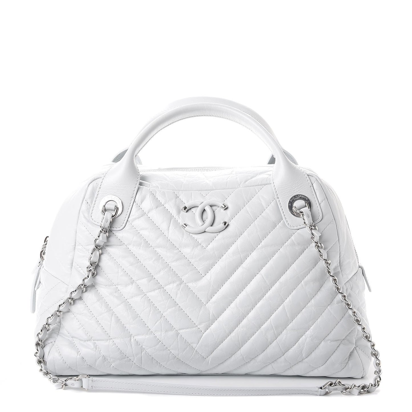 Aged Calfskin Chevron Medium Soft Bowling Bag White