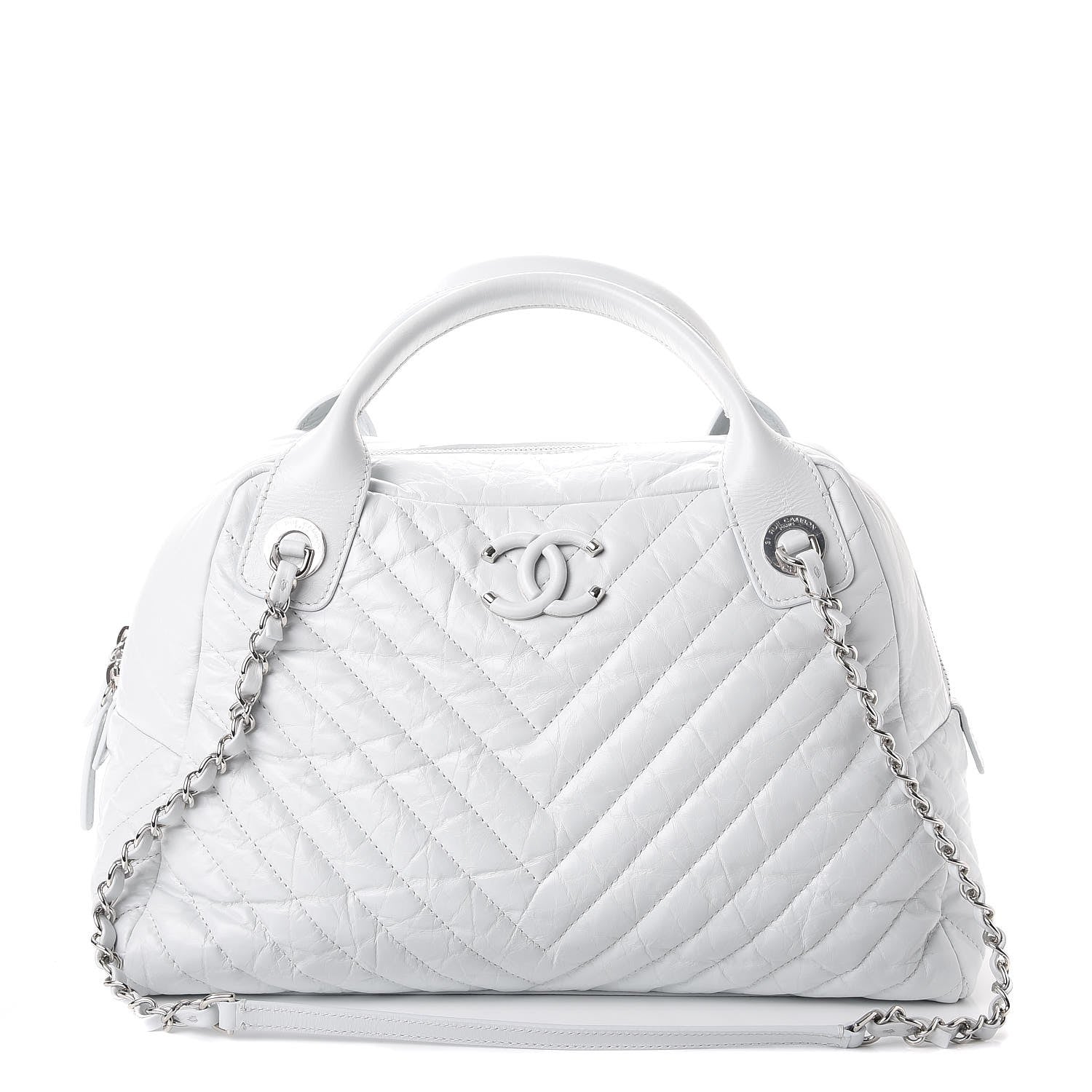 Chanel Aged Calfskin Chevron Medium Soft Bowling Bag White 1 of 7