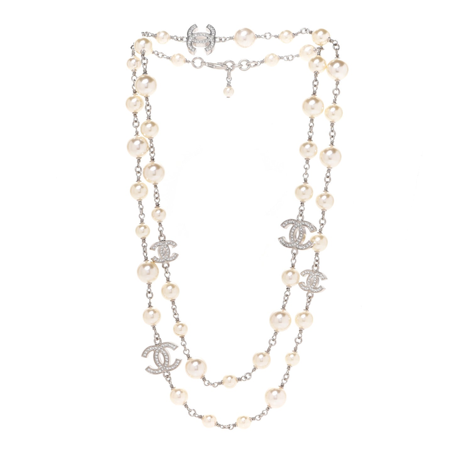 Graduated Pearl Crystal CC Long Necklace Silver