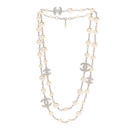 Chanel Graduated Pearl Crystal CC Long Necklace Silver 3 of 6