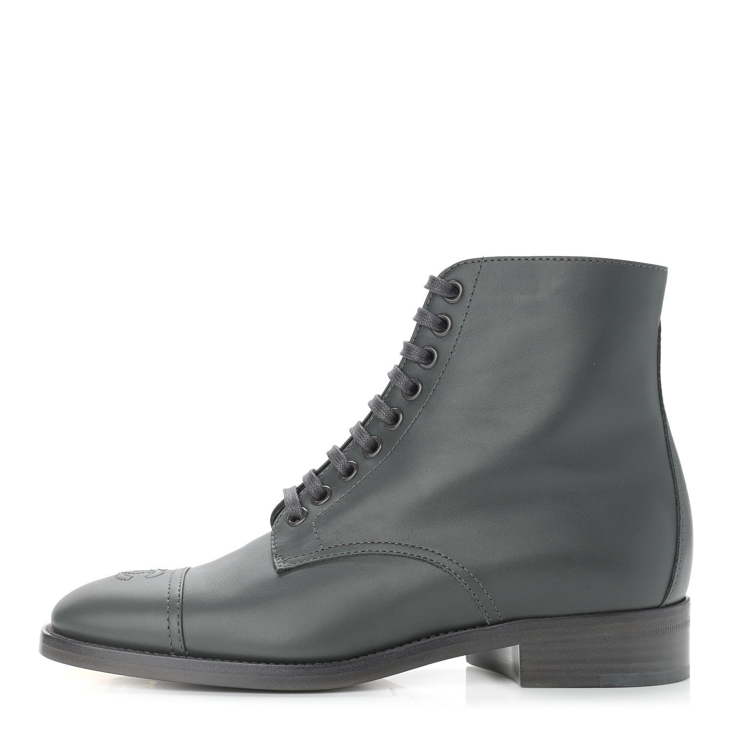 Chanel Calfskin Cap Toe CC Lace Up Boots 37.5 Dark Grey 1 of 13
