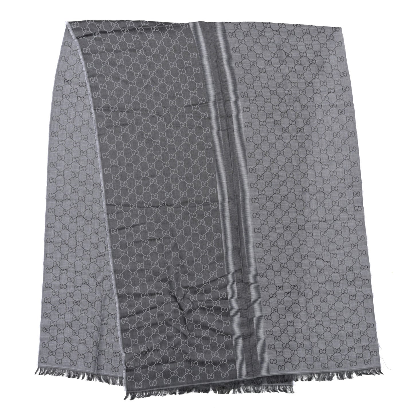 Wool Silk GG Monogram GGWeblong Fringe Scarf Shawl Blue