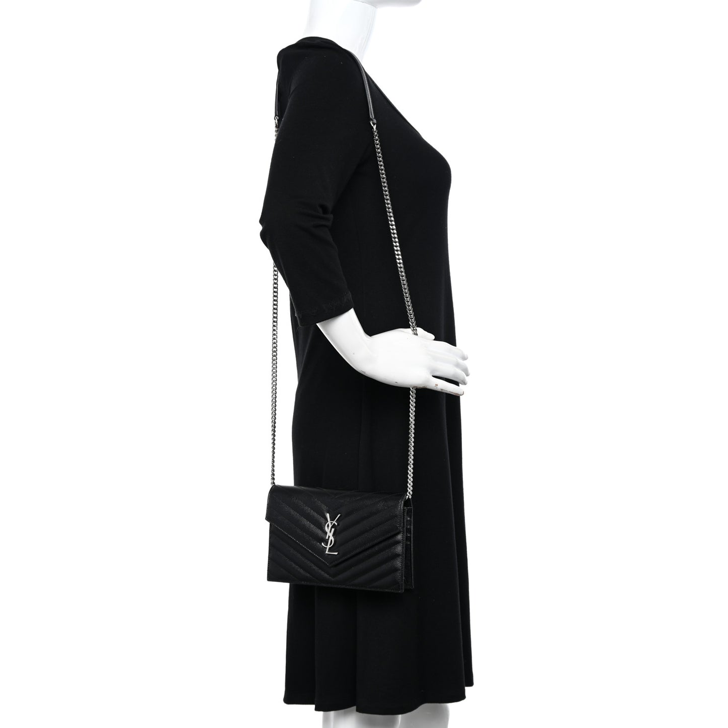 Grain De Poudre Matelasse Chevron Monogram Envelope Chain Wallet Black