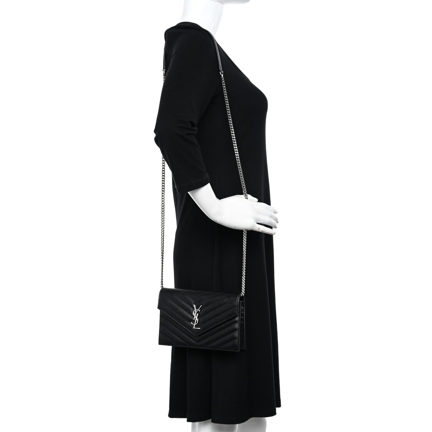 Saint Laurent Grain De Poudre Matelasse Chevron Monogram Envelope Chain Wallet Black 2 of 10