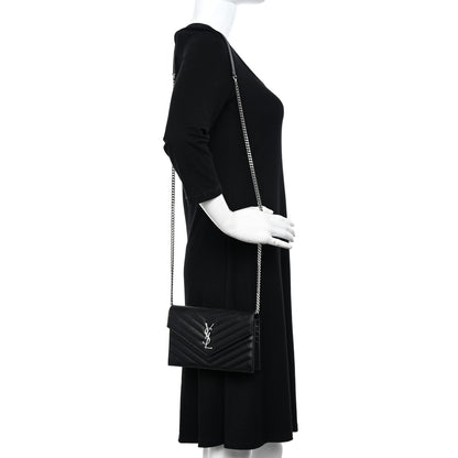 Saint Laurent Grain De Poudre Matelasse Chevron Monogram Envelope Chain Wallet Black 2 of 10