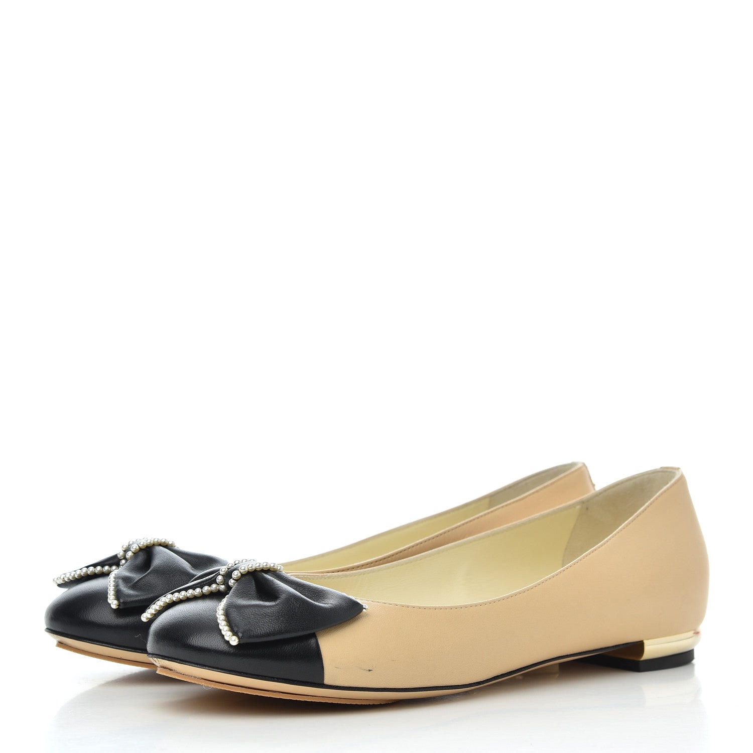 Chanel Lambskin Pearl Bow Ballerina Flats 37 Beige Black 3 of 16