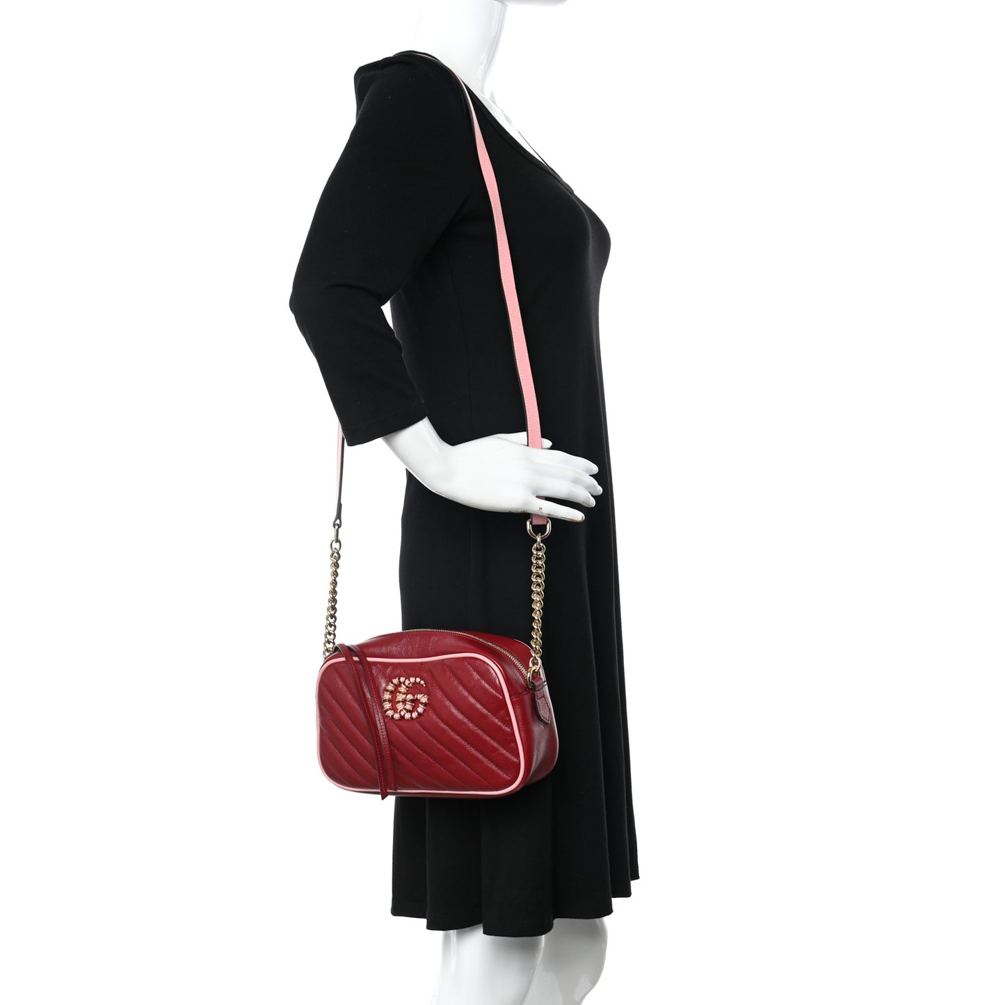 Azalea Calfskin Matelasse Diagonal Small Enamel GG Marmont Chain Shoulder Bag New Cherry Red Wild Rose
