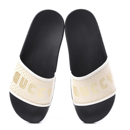 Gucci X SEGA Supreme Canvas GUCCY Stars Womens Slide Sandals 41 Mystic White Gold 5 of 10