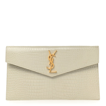 Saint Laurent Calfskin Crocodile Embossed Uptown Monogram Pouch Crema Soft 1 of 8