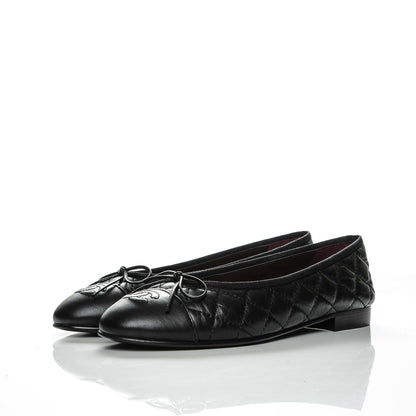 Chanel Aged Calfskin Quilted CC Cap Toe Ballerina Flats 37.5 Black 3 of 8
