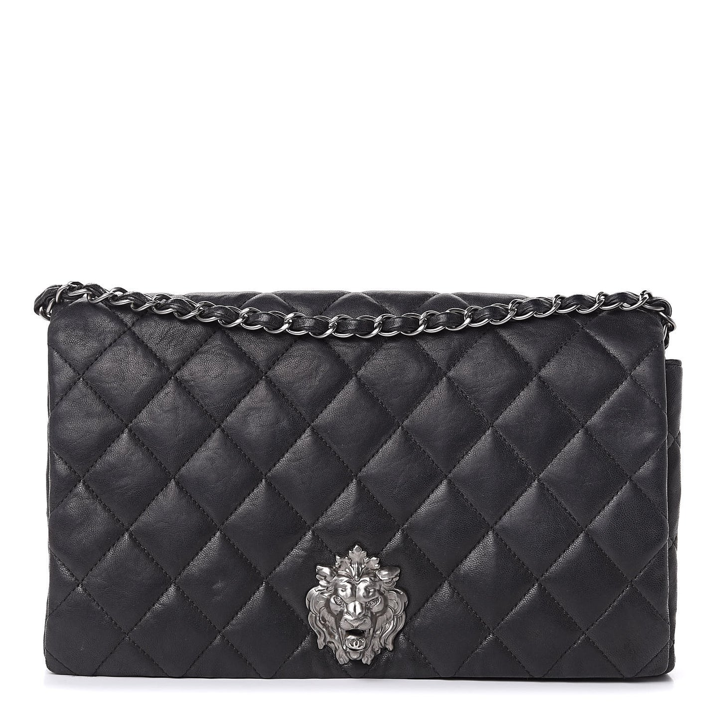 Lambskin Quilted Medium Leo Lion Flap Clutch Black