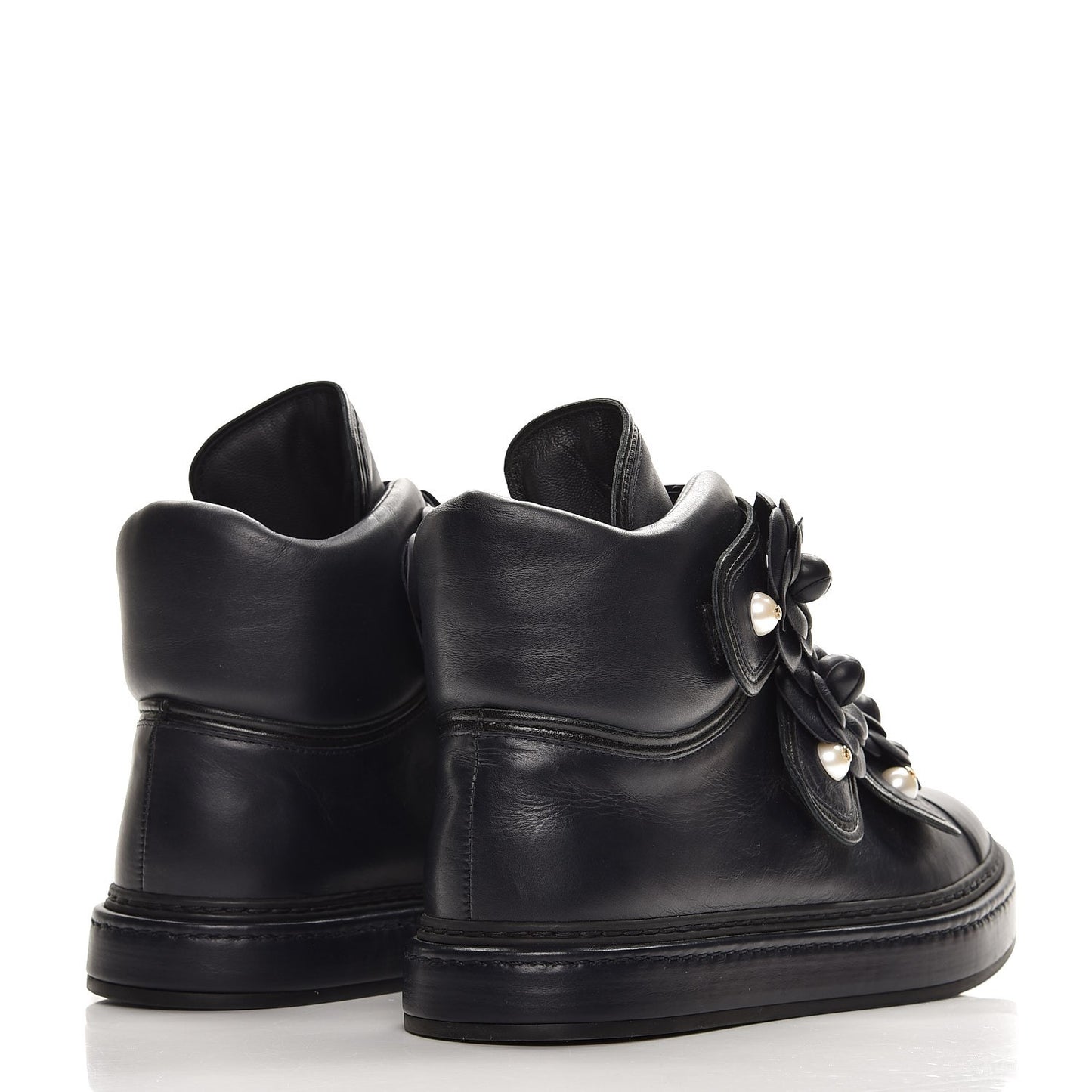 Calfskin Camellia High Top Sneakers 37.5 Navy
