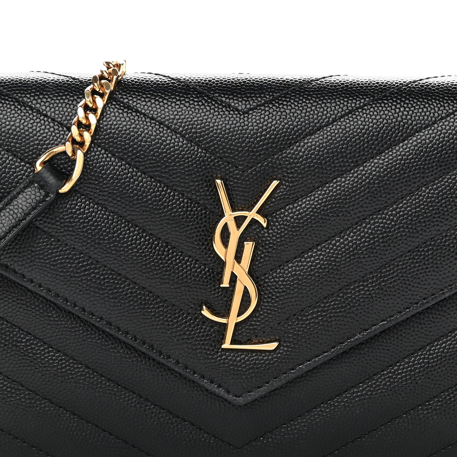Saint Laurent Grain De Poudre Matelasse Chevron Monogram Envelope Chain Wallet Black 9 of 12