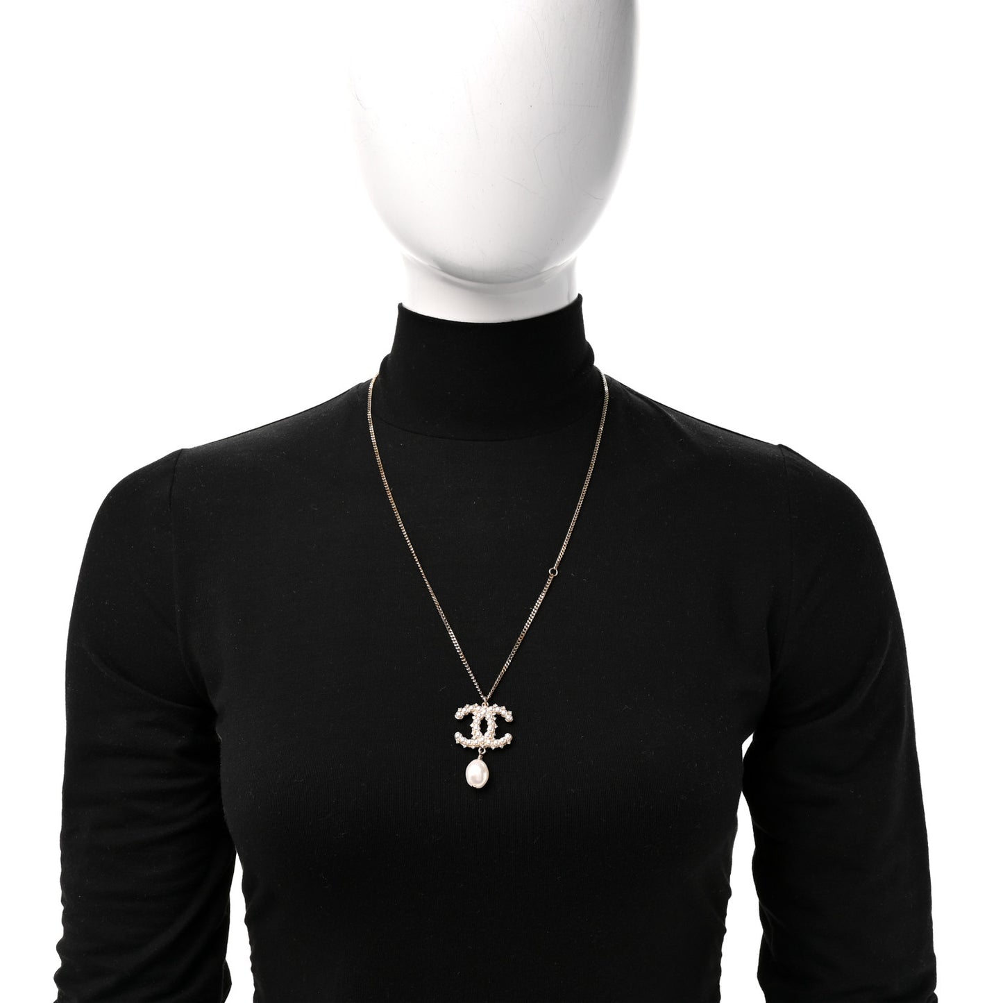 Crystal Pearl CC Drop Necklace Gold