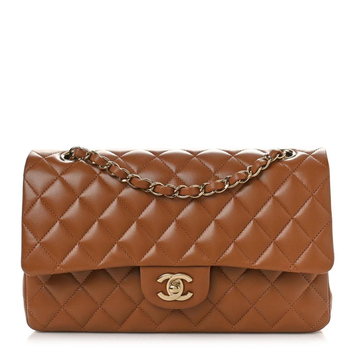 Lambskin Quilted Medium Double Flap Brown